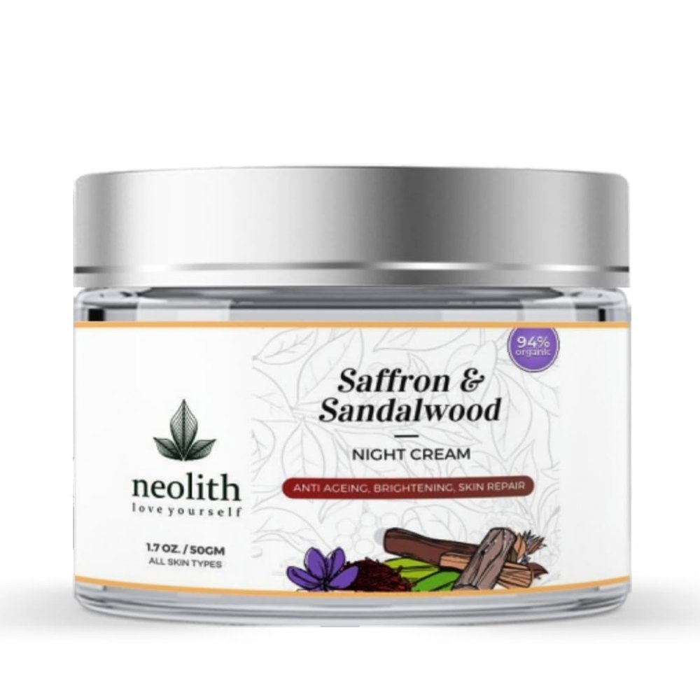NEOLITH Saffron Sandalwood Night Cream | 94% Organic | Night Skin Repair, Anti Aging, For Glowing & Young Skin | No Silicon, Mineral Oil, Paraben