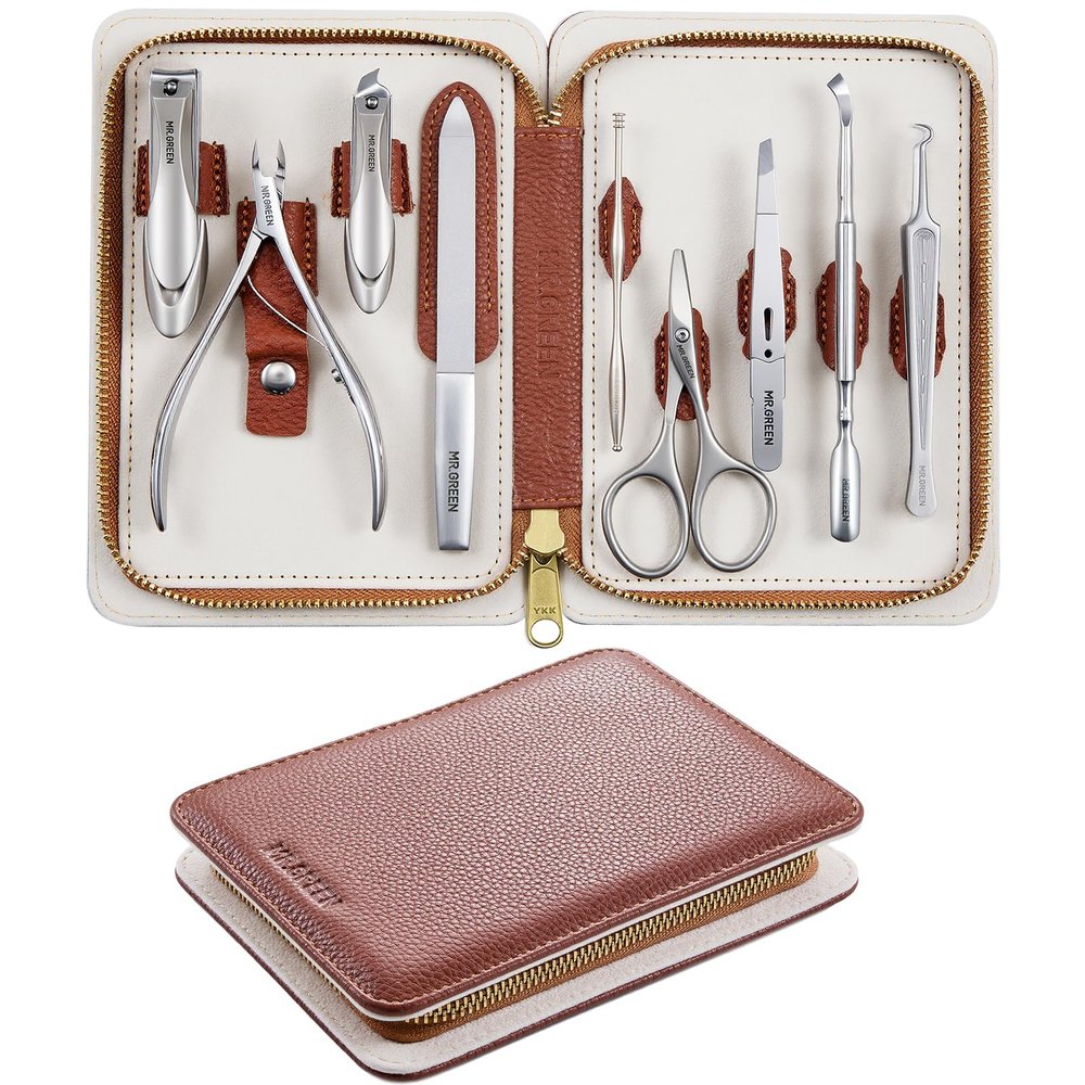 MR.GREEN 9-in-1 Manicure & Pedicure Set  Professional German Stainless Steel Nail Clippers Grooming Kit with Splash-Proof Nail Clipper & Genuine Leather Travel Case (Cognac Brown)