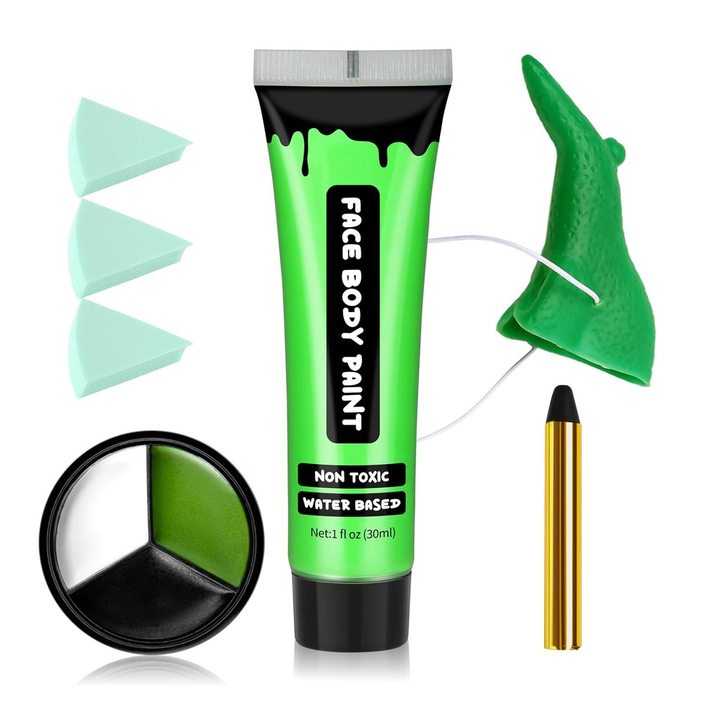 AIUEO 7PCS Green Face Paint White Black Face Body Paint, Halloween Makeup for Witch Monster Hulk SFX Makeup Cosplay Party