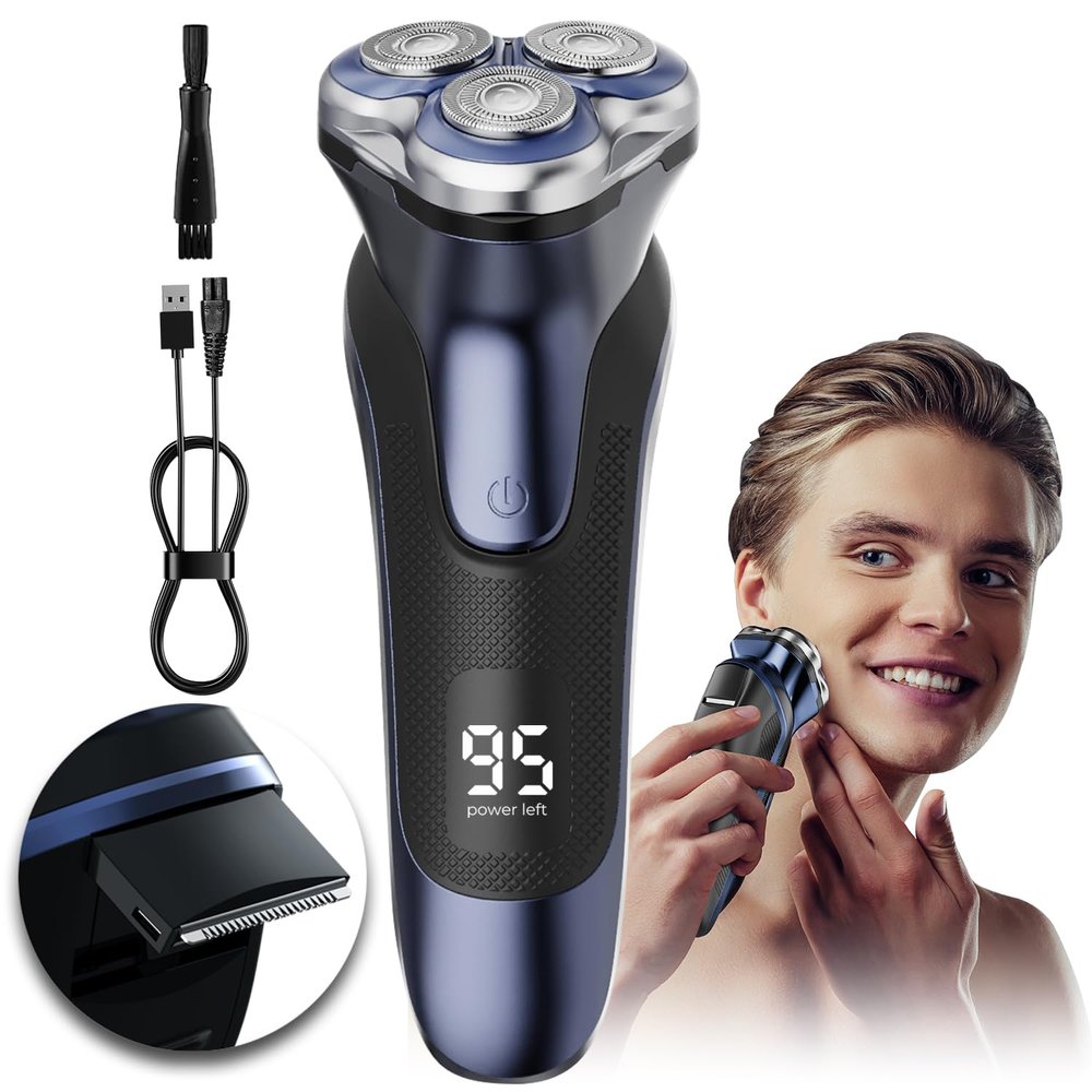 Electric Razor for Men, Electric Shaver for Men Face, with Pop Up Trimmer Waterproof Wet Dry Rechargeable Shaver Neon Blue