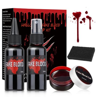 LZXLUKGIR Halloween Fake Blood Makeup Kit,Includes Fake Blood Spray,Coagulated Blood,Dripping Blood,Stippling Sponge,Washable Fake Blood for Clothes & Face,Vampire Blood Fake Vampire Makeup