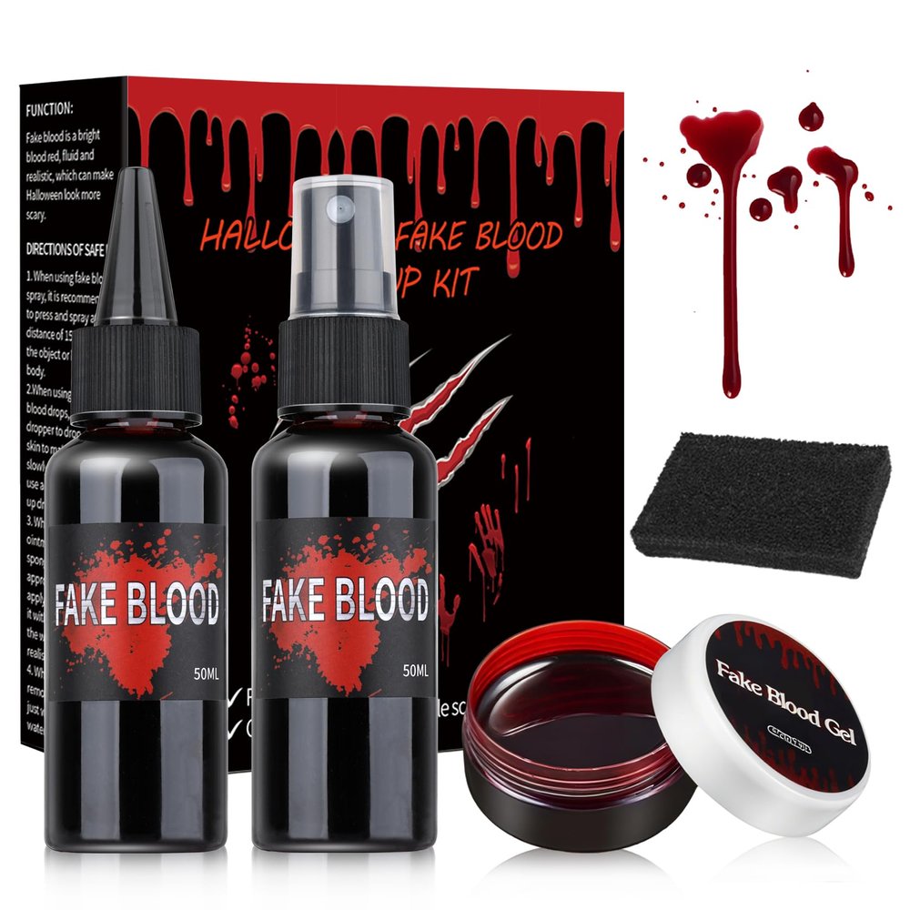LZXLUKGIR Halloween Fake Blood Makeup Kit,Includes Fake Blood Spray,Coagulated Blood,Dripping Blood,Stippling Sponge,Washable Fake Blood for Clothes & Face,Vampire Blood Fake Vampire Makeup