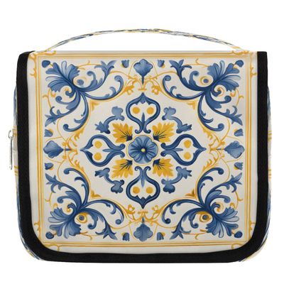 DXTKWL Toiletry Bag for Women Men, Ethnic Ornament Ceramic Tiles Print Waterproof Travel Toiletry Bags with Hanging Hook, Portable Wash Makeup Cosmetic Bag