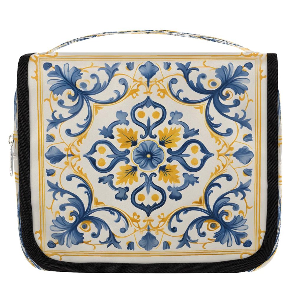 DXTKWL Toiletry Bag for Women Men, Ethnic Ornament Ceramic Tiles Print Waterproof Travel Toiletry Bags with Hanging Hook, Portable Wash Makeup Cosmetic Bag