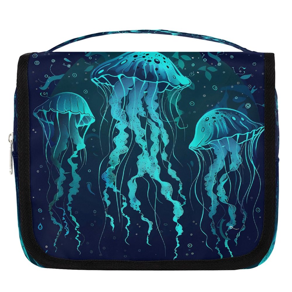 DXTKWL Toiletry Bag for Women Men, Ocean Sea Animal Teal Jellyfish Waterproof Travel Toiletry Bags with Hanging Hook, Portable Wash Makeup Cosmetic Bag