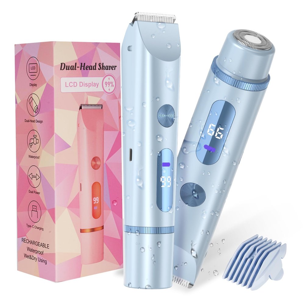 Bikini Trimmer for Women 2in1 High Power Epilators Hair Removal Waterproof Electric Razors Women's Electric Razor Pubic Hair Trimmer Shaver for Women for Ladies Pubic, Face, Underarms, Legs (Blue)