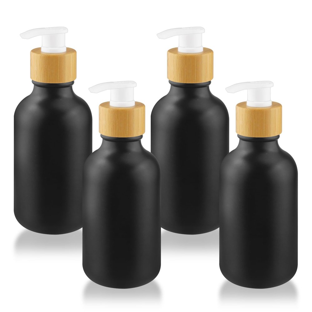 4 Pcs 300ml/10oz Plastic Soap Dispenser Bottle Refillable Empty Hand Soap Dispensers Shampoo Lotion Pump Bottles with Wood Grain Lid for Kitchen Bathroom - Black Frosted
