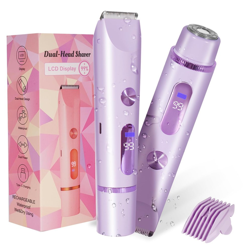 Bikini Trimmer for Women 2in1 High Power Epilators Hair Removal Waterproof Electric Razors Women's Electric Razor Pubic Hair Trimmer Shaver for Women for Ladies Pubic,Face,Underarms,Legs(Purple)