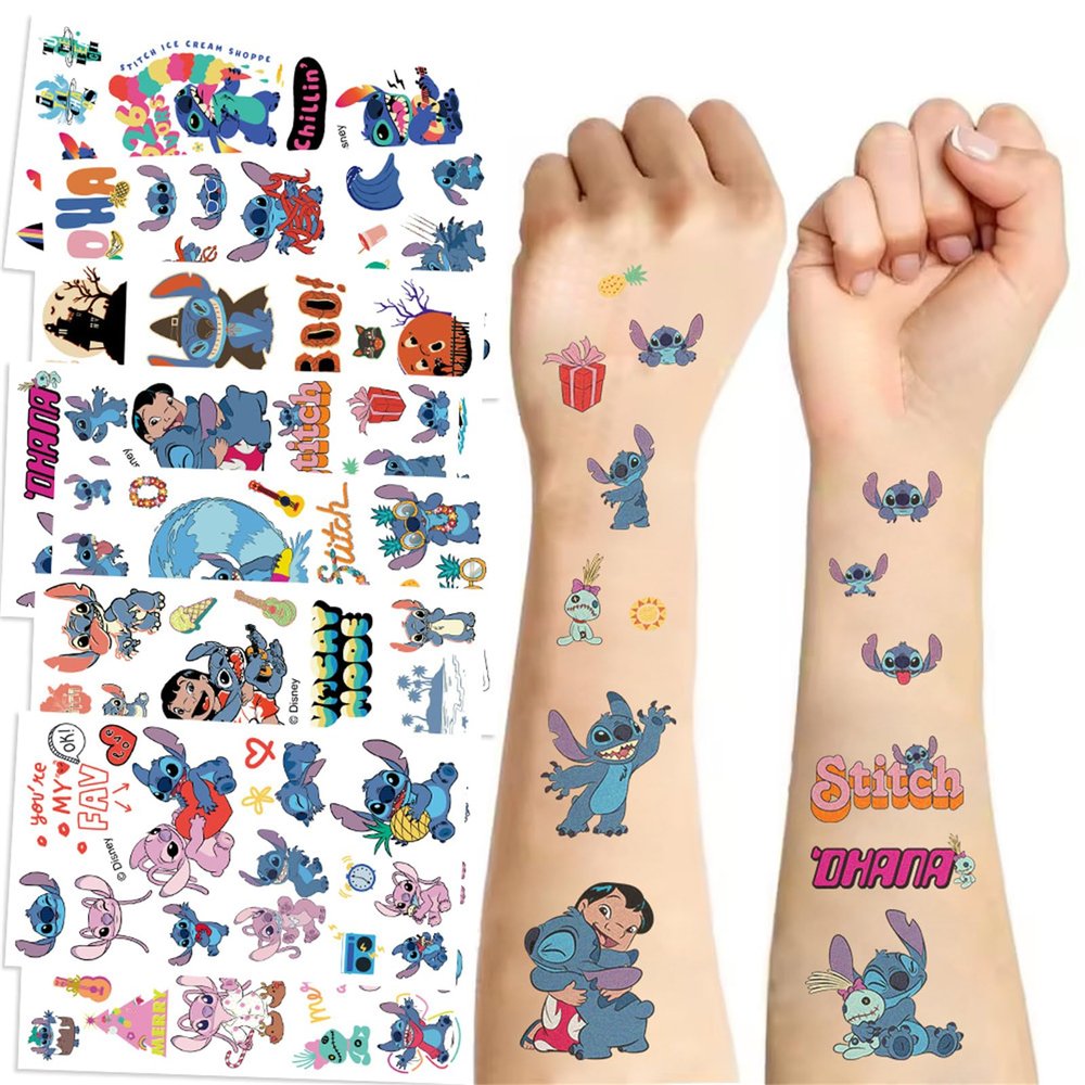 10 Sheets Cartoon Characters Cute Stitch Temporary Tattoos Stickers for Kids Hero Temporary Tattoos Stickers Cute Birthday Themed Party Supplies Decoration Favors Cartoon Sticker for Kids Teens