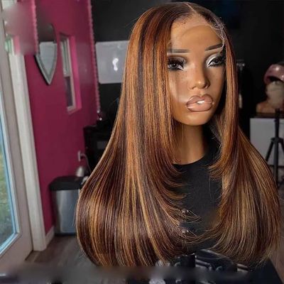13x6 Highlight Human Hair HD Lace Front Wig Bleached Knots Layered Cut Straight 1b27 Color Wig Pre Plucked Brazilian Remy Hair 150% Density 24Inch