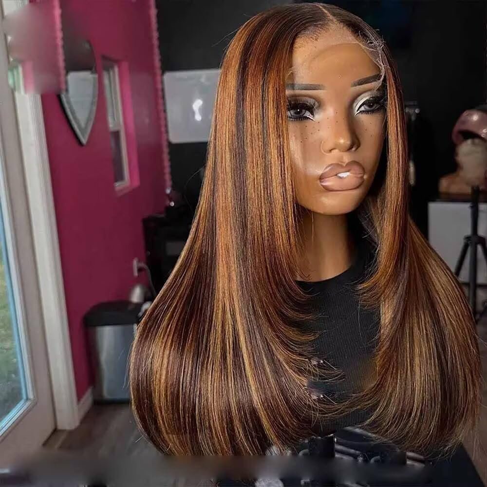 13x6 Highlight Human Hair HD Lace Front Wig Bleached Knots Layered Cut Straight 1b27 Color Wig Pre Plucked Brazilian Remy Hair 150% Density 24Inch