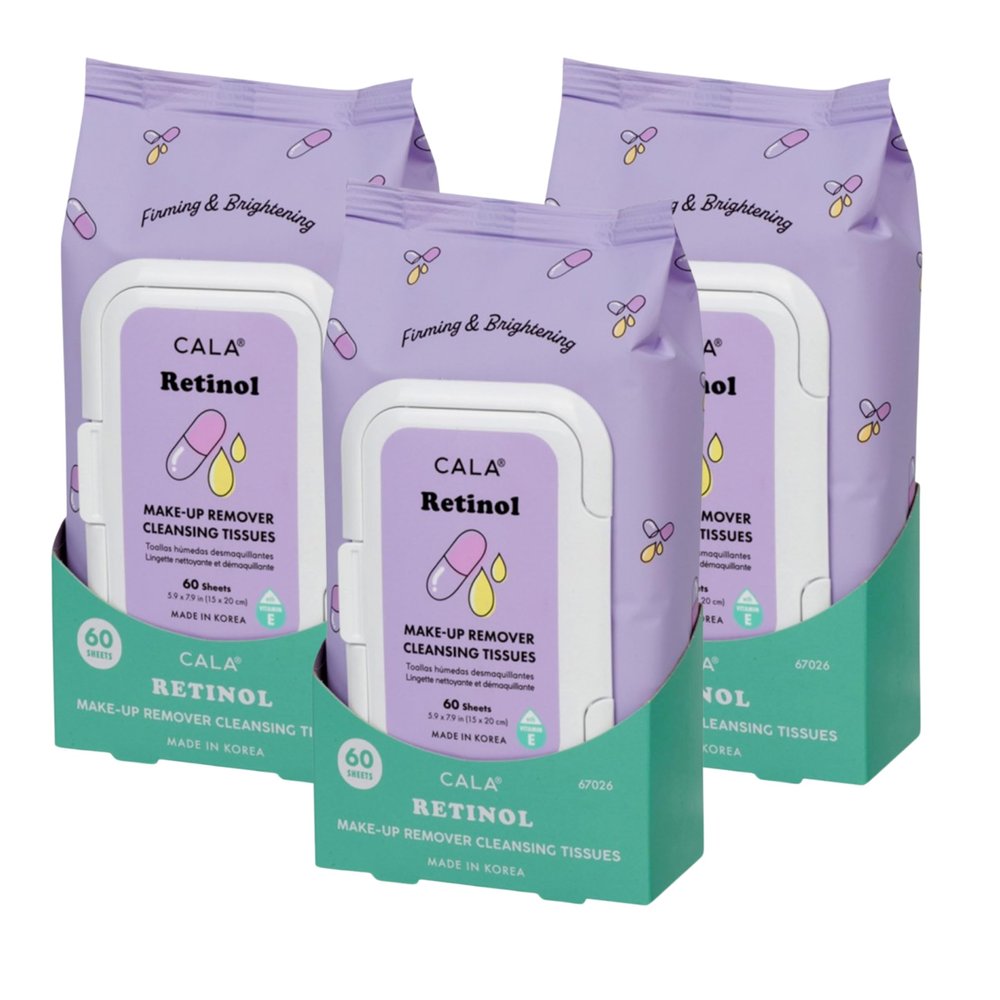 CALA Makeup Remover Cleansing Tissues: Retinol (60 Sheets) - Anti-Aging, Hydrating Wipes for a Smooth, Radiant Complexion, Gentle on All Skin Types (180 count, Retinol, Pack of 3)