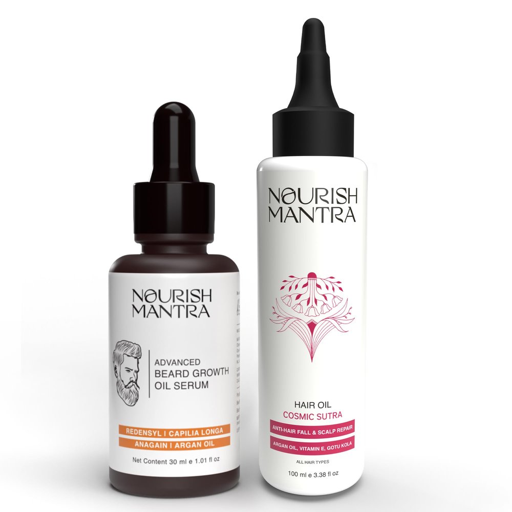 NOURISH MANTRA Advanced Beard Growth Oil Serum 30 ml and Cosmic Sutra Vitamin E Hair Oil 100ml Combo