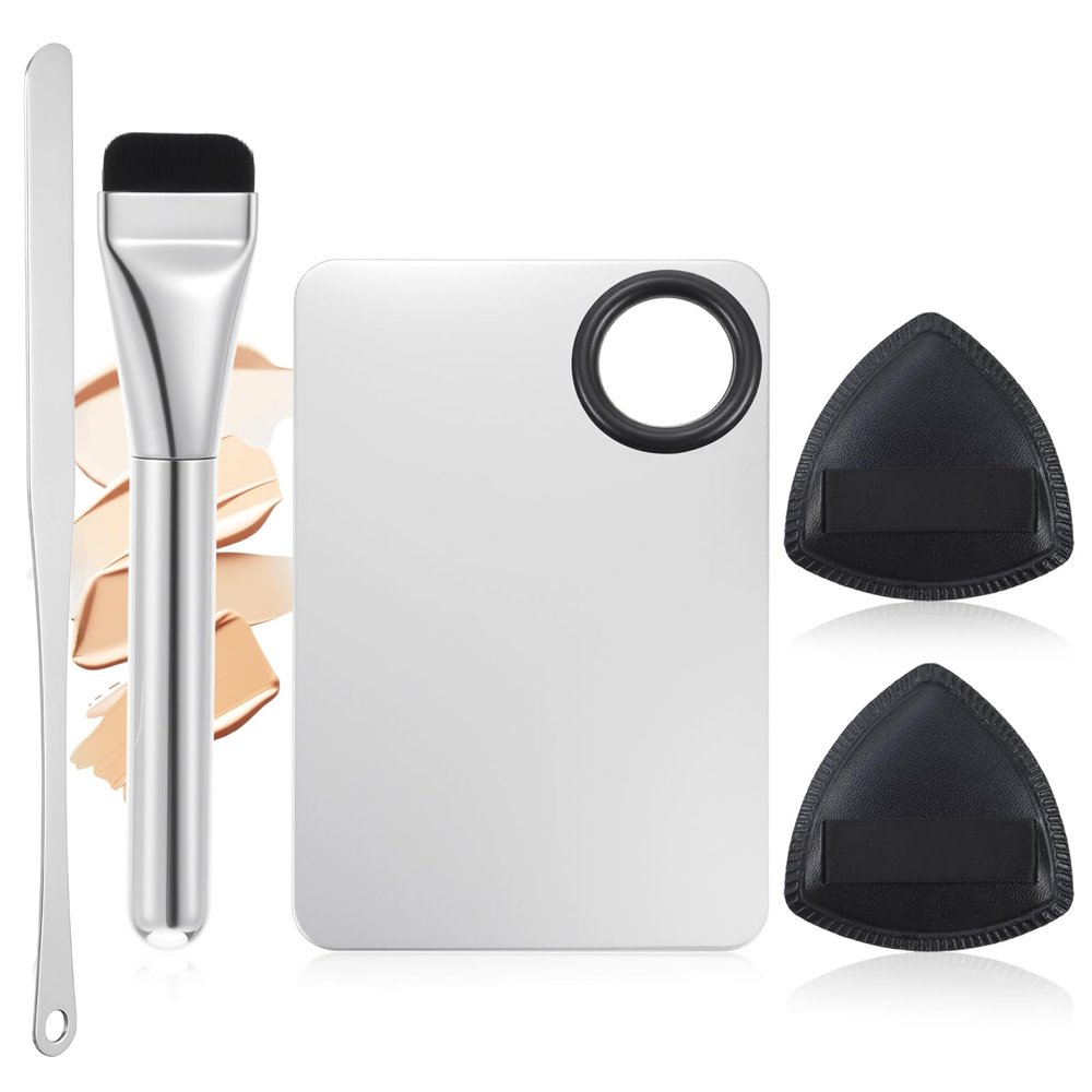 5 Pcs Makeup Mixing Palette with Foundation Brush, Puff and Spatula Set, Professional Stainless Steel Makeup Palette Cosmetic Accessories Set for Women Girl Cosmetic,Nail Art,Pigment Blending