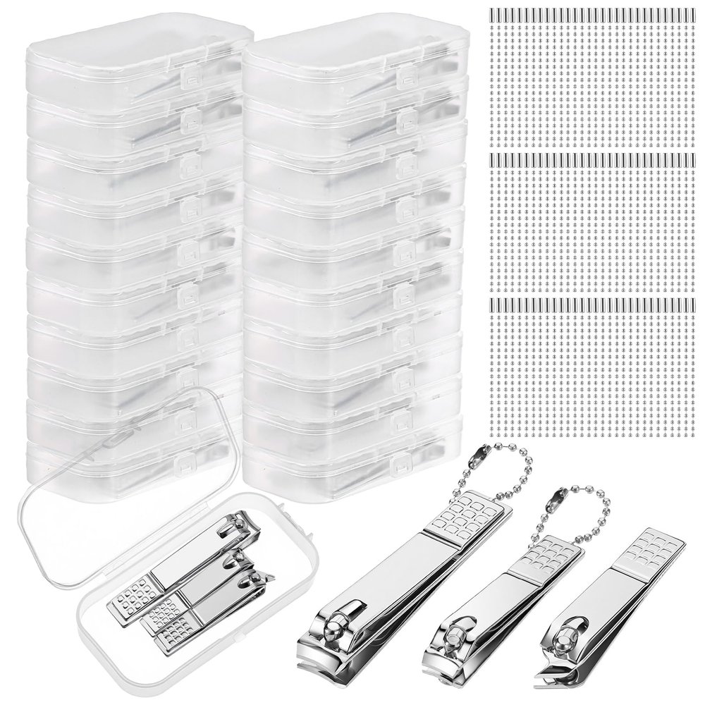 60 Pcs Nail Clippers Bulk, Stainless Steel Fingernail and Toenail Clippers with 100 Chains and 20 Boxes Portable Nail Cutters for Men Women Travel Manicure Pedicure Trimmer Kit