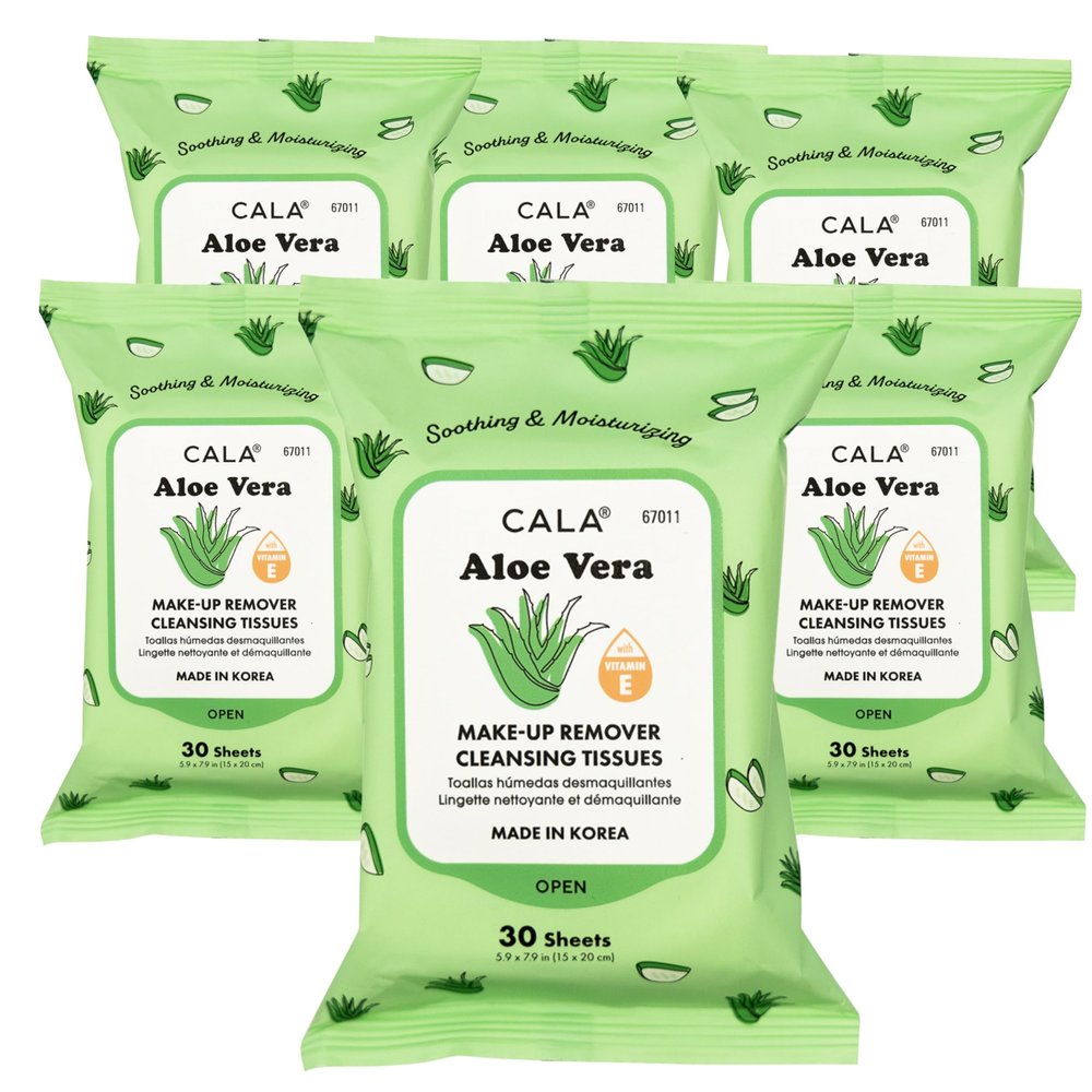 CALA Makeup Remover Cleansing Tissues: Aloe Vera - Gentle, Hydrating, and Effective Makeup Removal for All Skin Types (180 count - Pack of 6, Aloe Vera)