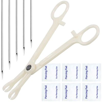 Body Piercing Needles Kits, Disposable Stainless Steel Needles with Forceps Clamp, Suitable for Ear Nose Septum Ear Tragus Helix Labret Nipple Lip Navel (20G-white)