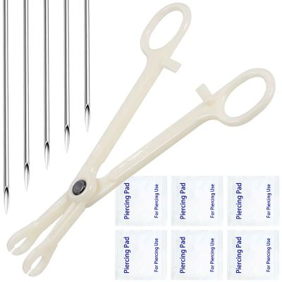 Body Piercing Needles Kits, Disposable Stainless Steel Needles with Forceps Clamp, Suitable for Ear Nose Septum Ear Tragus Helix Labret Nipple Lip Navel (16G-white)