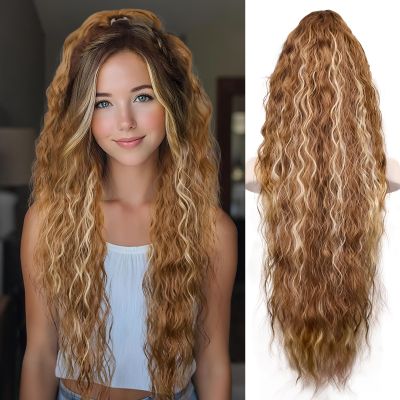 30 Inch Ponytail Extension, Layered Ponytail Extensions for Women, Soft Wavy Claw Clip in Ponytail Extension, Natural Synthetic Hair Pieces for Women (Light Brown with Bleach Blonde Highlights)