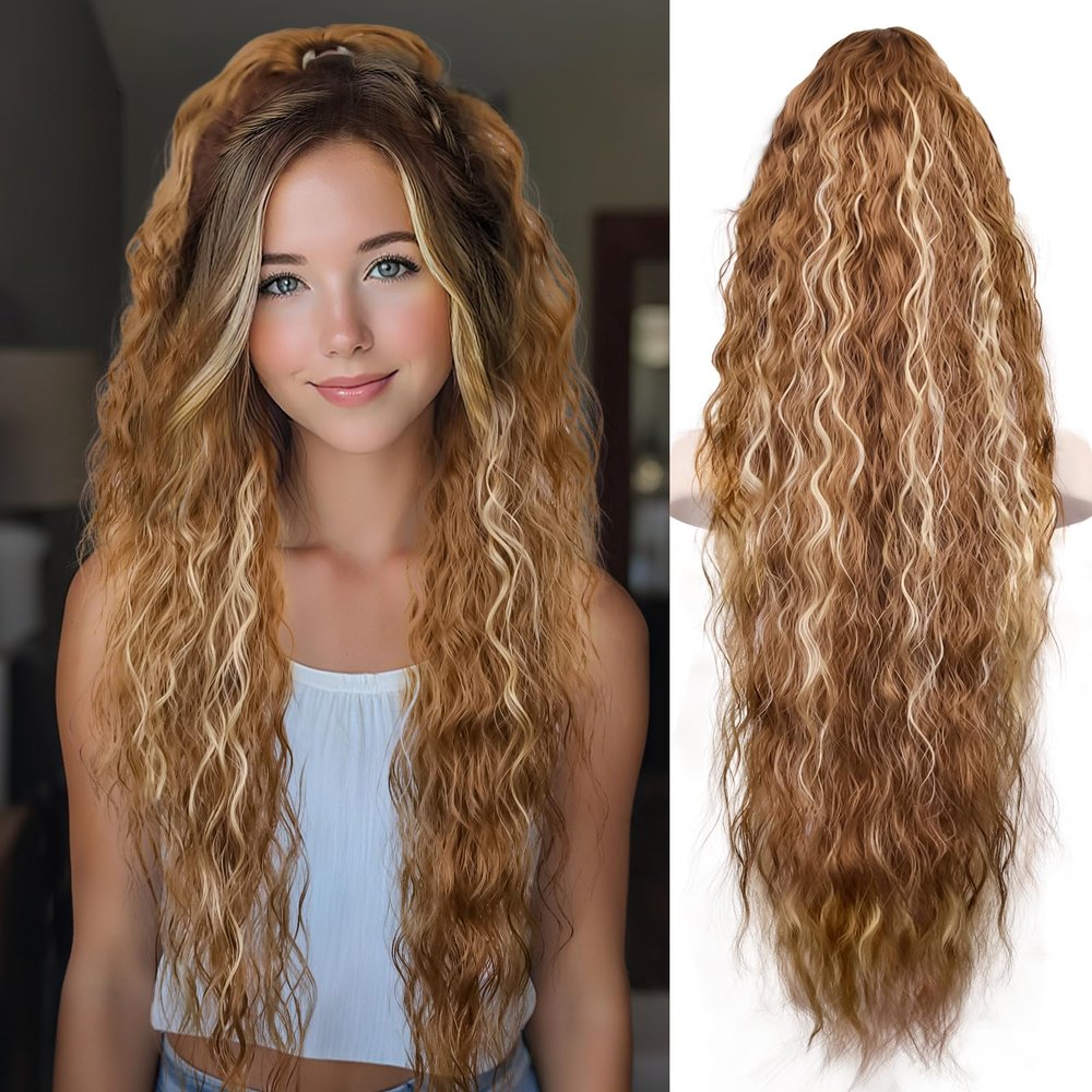 30 Inch Ponytail Extension, Layered Ponytail Extensions for Women, Soft Wavy Claw Clip in Ponytail Extension, Natural Synthetic Hair Pieces for Women (Light Brown with Bleach Blonde Highlights)