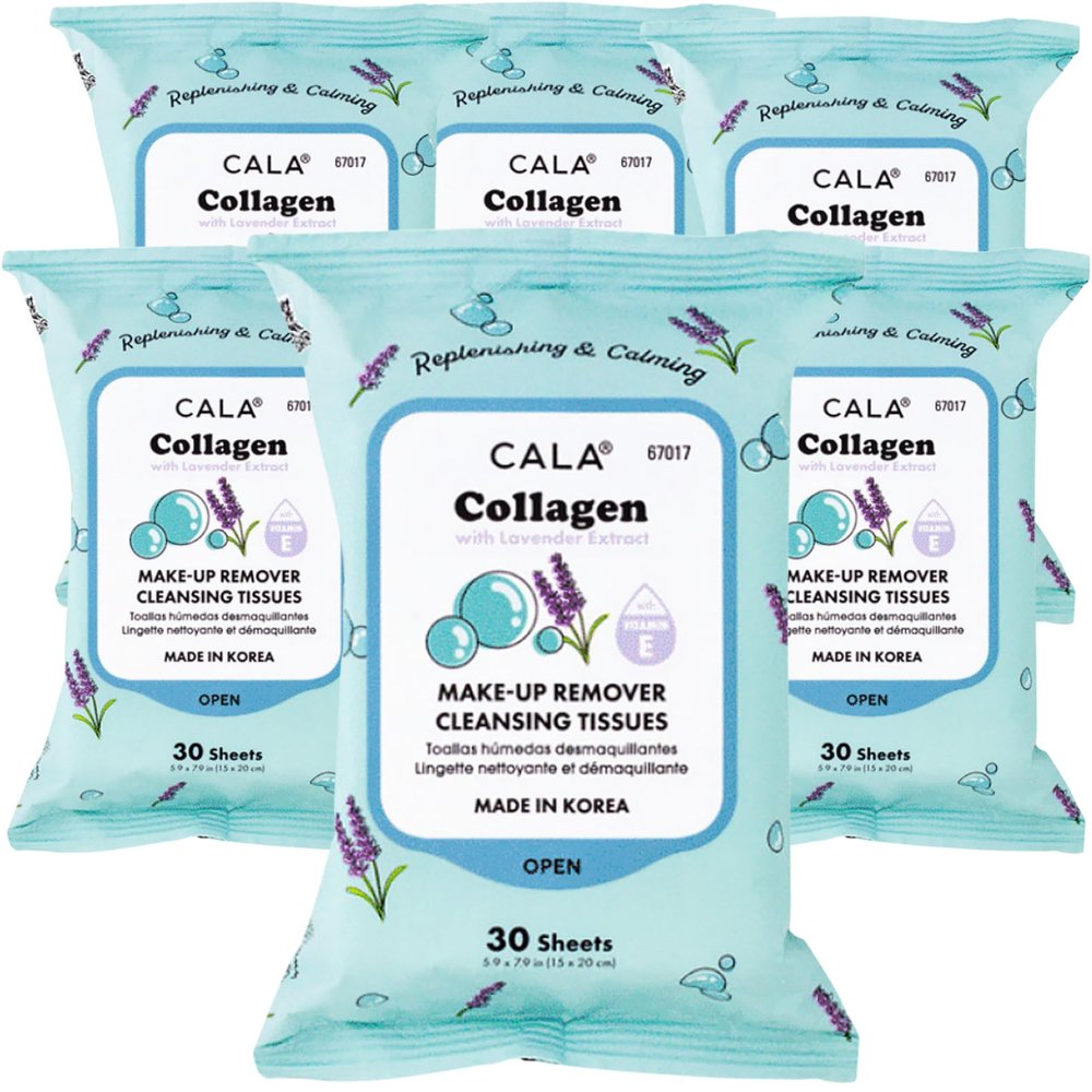 CALA Makeup Remover Cleansing Tissues: Collagen with lavender (30 Sheets) - Gentle, Hydrating, and Effective Makeup Removal for All Skin Types (180 count, COLLAGEN + Lavender, Pack of 6)