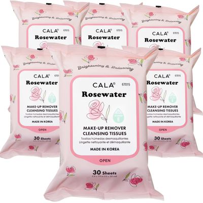 CALA Makeup Remover Cleansing Tissues: RoseWater (30 Sheets) - Gentle, Hydrating, and Effective Makeup Removal for All Skin Types (180 count, Pack of 6)
