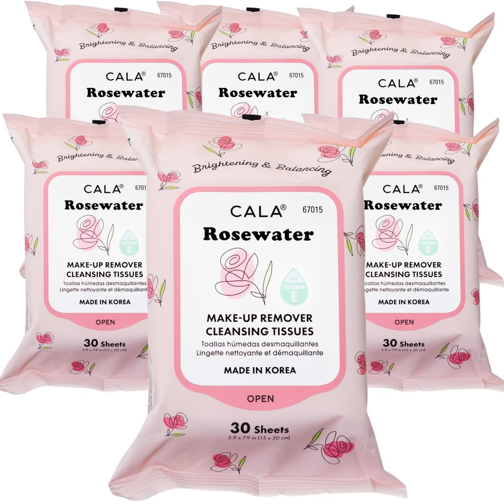 CALA Makeup Remover Cleansing Tissues: RoseWater (30 Sheets) - Gentle, Hydrating, and Effective Makeup Removal for All Skin Types (180 count, Pack of 6)