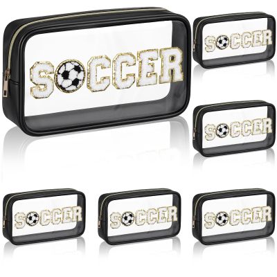 Reallnaive 6 Pcs Soccer Clear Cosmetic Makeup Bag with Chenille Letter Patch Sport Goodie Clear PVC Pouch Organizer Waterproof Travel Toiletry Bags for Sports Theme Birthday Party Supplies