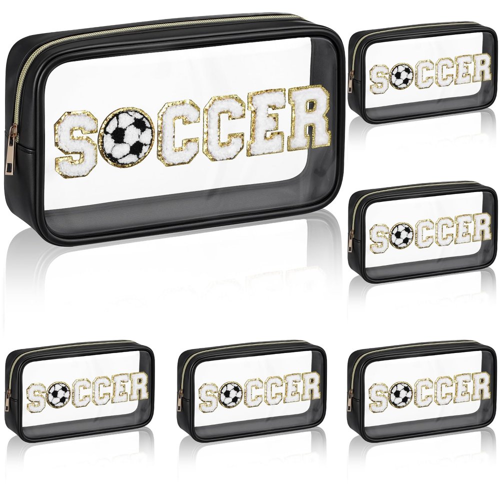Reallnaive 6 Pcs Soccer Clear Cosmetic Makeup Bag with Chenille Letter Patch Sport Goodie Clear PVC Pouch Organizer Waterproof Travel Toiletry Bags for Sports Theme Birthday Party Supplies