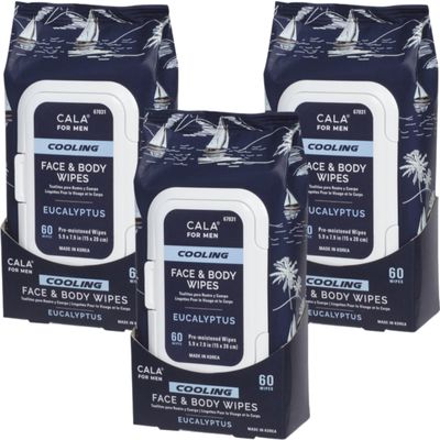 CALA Men's Cooling Face & Body Wipes: Eucalyptus (60 Sheets) - Refreshing, Hydrating Wipes for a Clean, Soothed Complexion, Ideal for Active Men (180 count, Pack of 3)