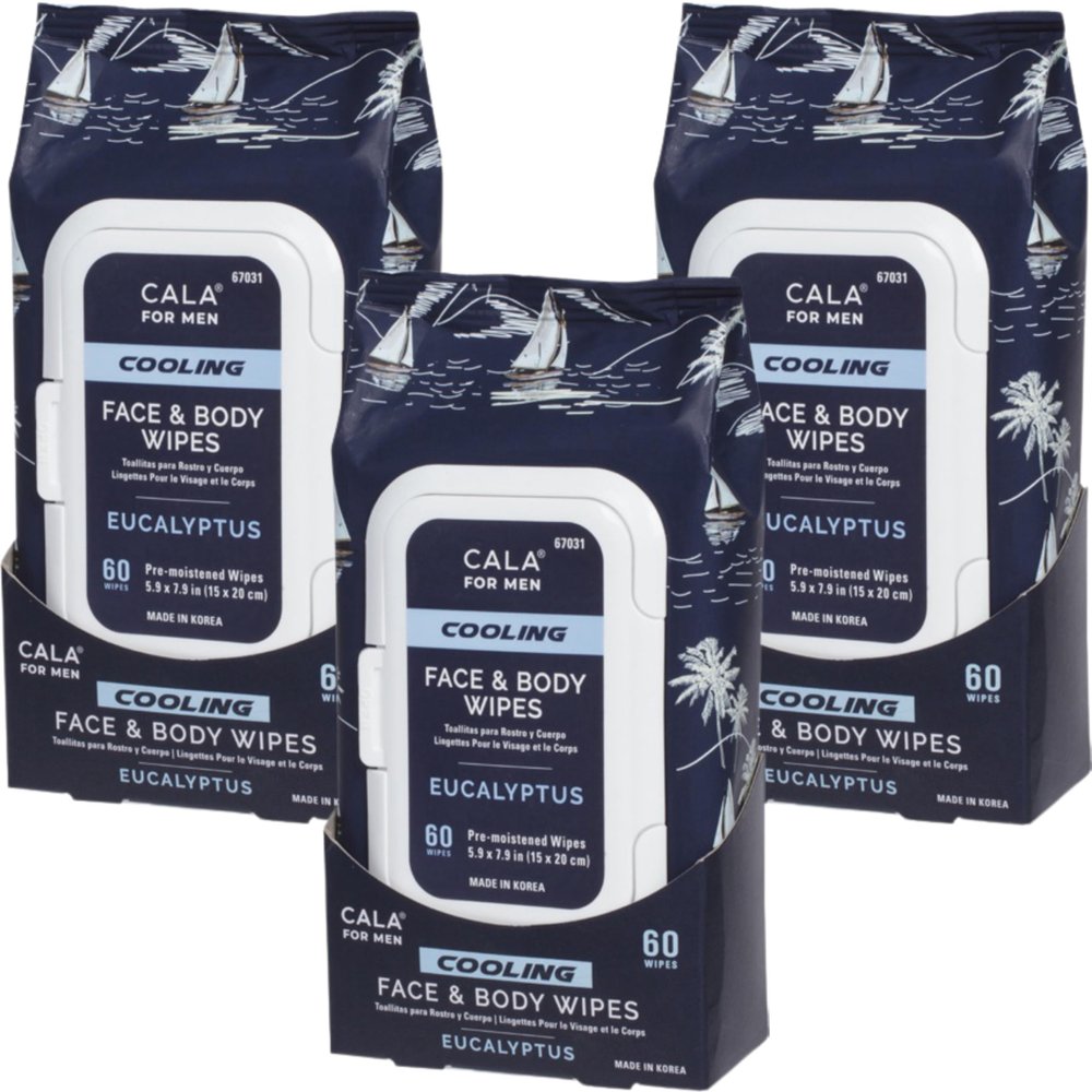 CALA Men's Cooling Face & Body Wipes: Eucalyptus (60 Sheets) - Refreshing, Hydrating Wipes for a Clean, Soothed Complexion, Ideal for Active Men (180 count, Pack of 3)