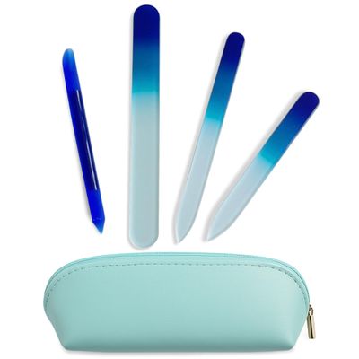 Alban Czech Glass Nail File Set with Manicure Stick & Vegan Leather Cosmetic Case (Royal Blue Nail Files, Royal Manicure Stick & Light Blue Cosmetic Case)