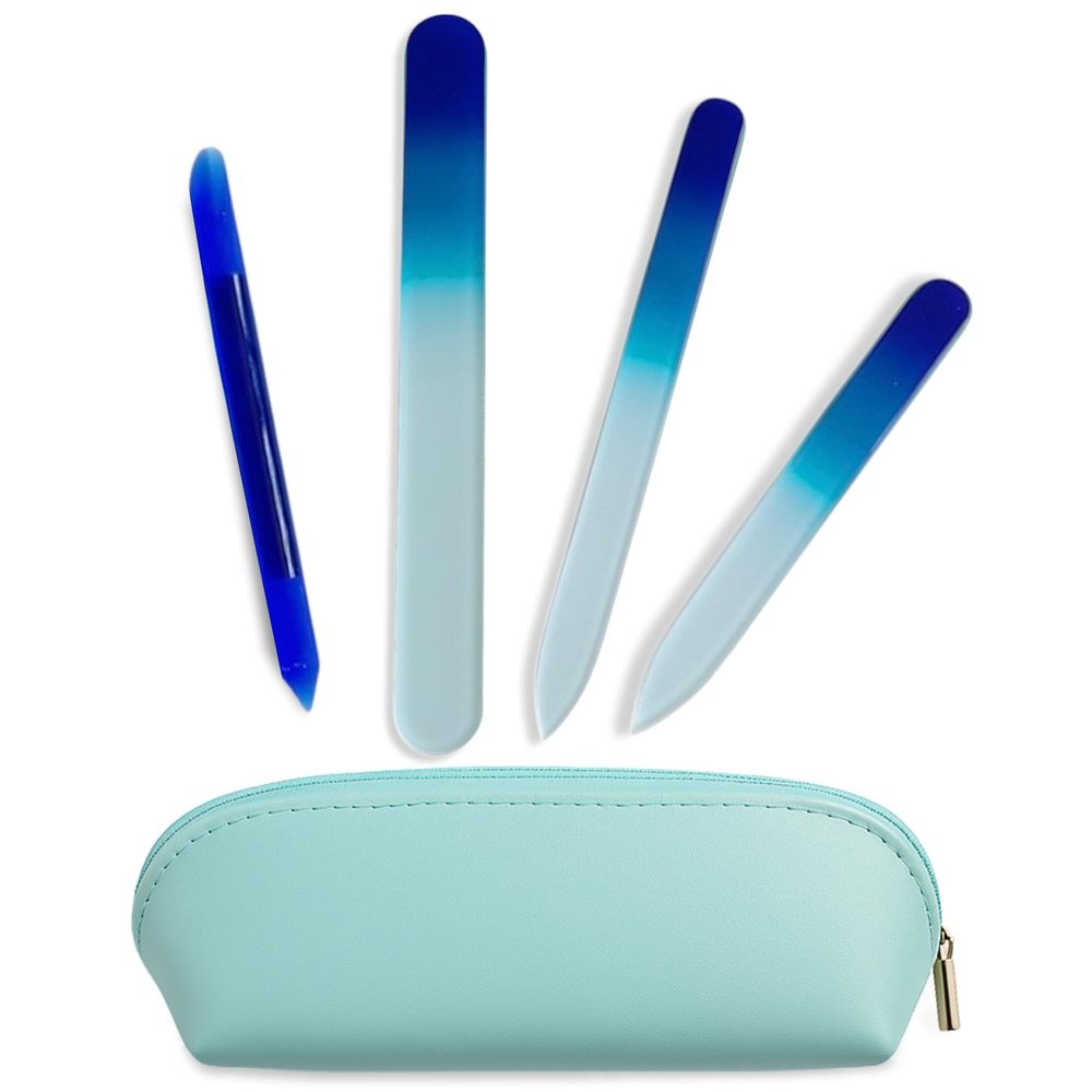 Alban Czech Glass Nail File Set with Manicure Stick & Vegan Leather Cosmetic Case (Royal Blue Nail Files, Royal Manicure Stick & Light Blue Cosmetic Case)