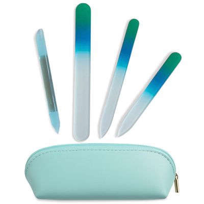 Alban Czech Glass Nail File Set with Manicure Stick & Vegan Leather Cosmetic Case (Green-Blue Nail Files, Light Blue Manicure Stick & Cosmetic Case)