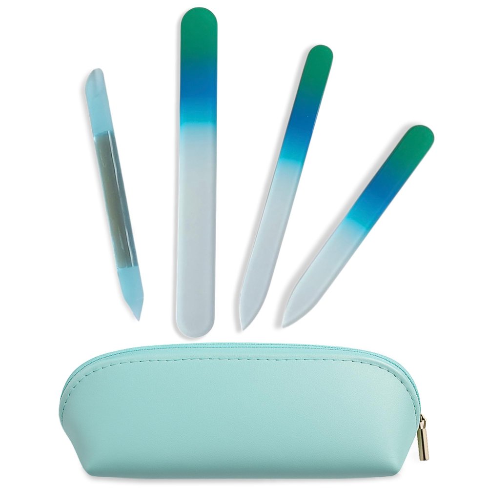 Alban Czech Glass Nail File Set with Manicure Stick & Vegan Leather Cosmetic Case (Green-Blue Nail Files, Light Blue Manicure Stick & Cosmetic Case)