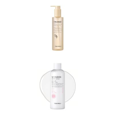 Bundle of TONYMOLY Im Rice Makeup Melting Cleansing Oil Gentle Cleanser for Sensitive Skin+ Wonder Ceramide Mochi Toner, Dewy, Glass Skin Toner