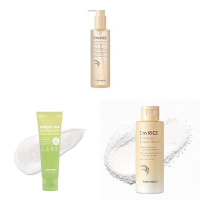 Bundle of TONYMOLY Im Rice Makeup Melting Cleansing Oil + Green Tea Korean Sunscreen for Face, Travel Size Sunscreen SPF 50 + I'm Rice Exfoliating Enzyme Cleanser, Rice Powder Face Wash