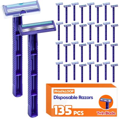 Phafaloop Twin Blade Disposable Razors for Men & Women  135 Pack Bulk Stainless Steel Shavers with Lubricating Strip & Safety Cap, Non-Slip Handle for Sensitive Skin, Travel, Hotel, Charity (Blue)