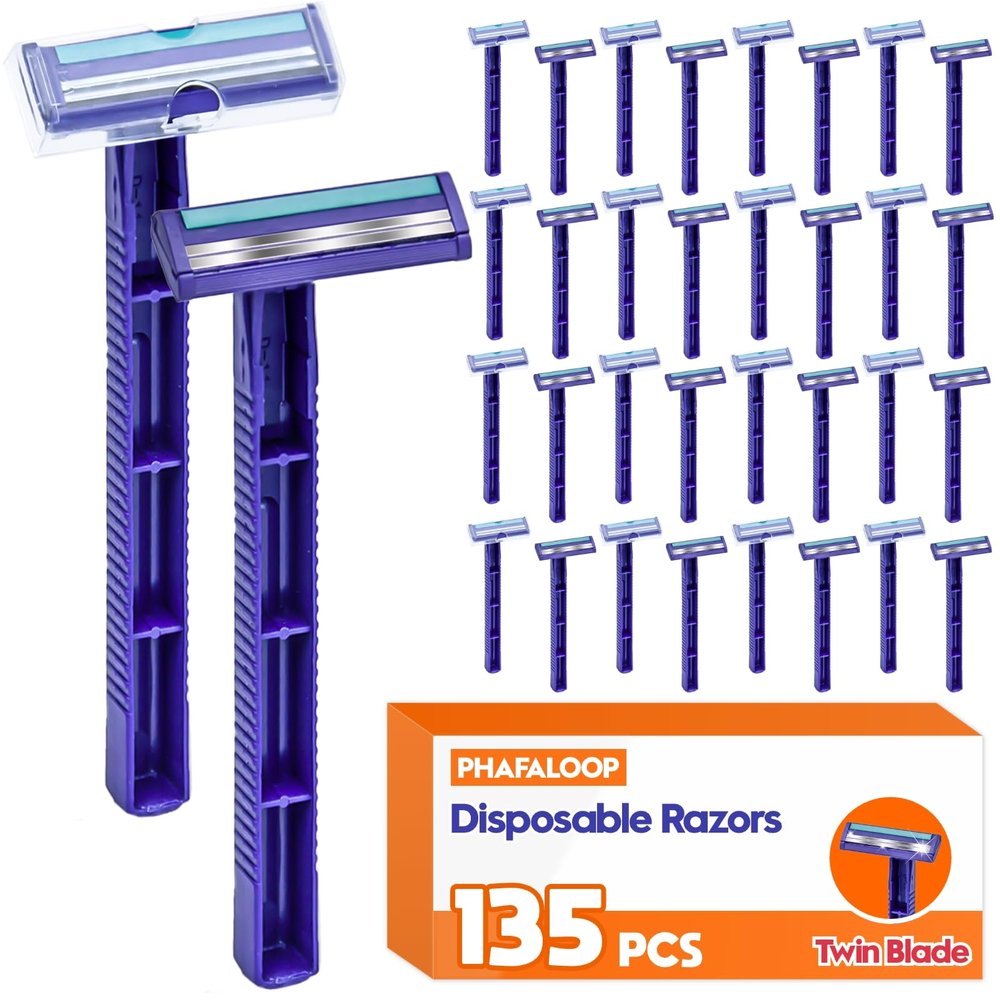 Phafaloop Twin Blade Disposable Razors for Men & Women 135 Pack Bulk Stainless Steel Shavers with Lubricating Strip & Safety Cap, Non-Slip Handle for Sensitive Skin, Travel, Hotel, Charity (Blue)