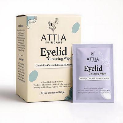 ATTIA Eyelid & Lash Cleansing Wipes With Tea Tree Oil- For Dry & Itchy Eyes, Individually Wrapped Eyelash Wipes With Aloe Vera, Natural Makeup Remover & Daily Eye Cleanser - 30 Count