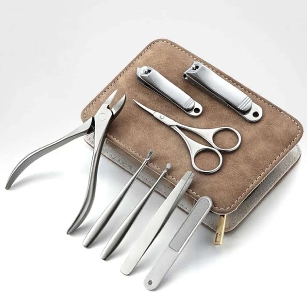 8-Piece Stainless Steel Manicure Pedicure Set with Leather Case for Nails, Eyebrows & Foot Care