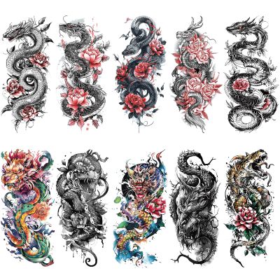 10 Sheet Dragon Flower Temporary Tattoo for Women Arm Thigh, Large Realistic Floral Chinese Dragon Fake Tattoo Sticker Adult Girl, 3D Colorful Sexy Snake Temp Tatoo Leg Back Chest Body Art