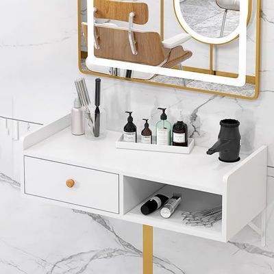 WSNCXFW Wall Mounted Barber Shop Tool Cabinet, Hanging Beauty Salon Station with Open Space,Hair Dryer Holes and Drawer,Barber Shop Tool Hair Salon Tool Table,A,50cm/19.68in