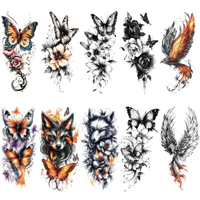 10 Sheet Realistic Butterfly Temporary Tattoo for Women Arm Thigh, Large Sexy Flower Butterfly Phoenix Fake Tattoo Sticker Adult Girl, Big Black Color 3D Floral Rose Wolf Temp Tatoo Back Chest Body