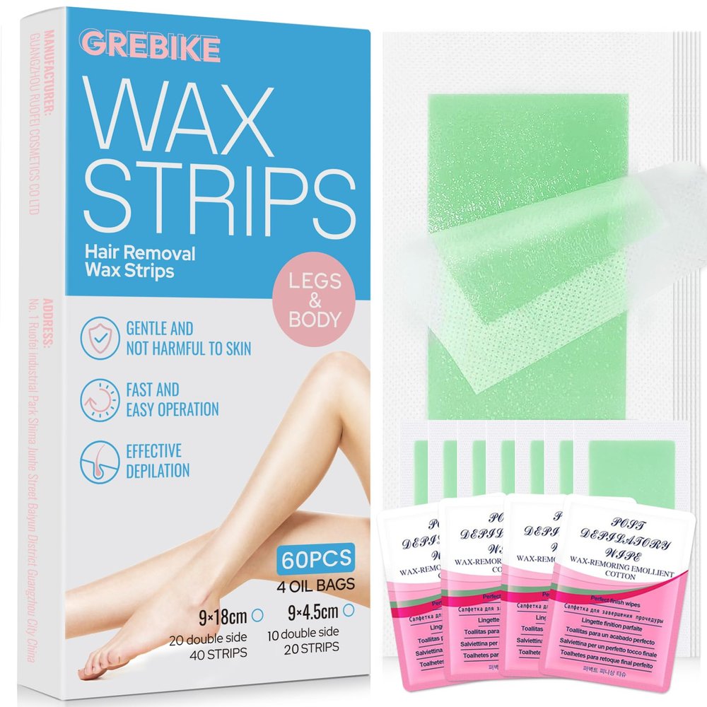 GREBIKE 180PCS Wax Strips for Hair Removal - 120 Body & 60 Facial Hair Removal for Women-Waxing Kit for Women, Face, Body, Arms, Legs, Chest, Back, Bikini/Brazilian Waxing Strips & 12Calming Oil Wipes
