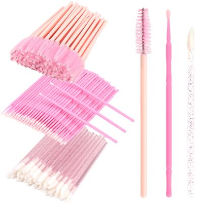 300 PCS Eyelash Extension Supplies Kit, Disposable Micro Swab Brush, Eyebrow Spoolie, Lip Brush, Mascara Wand Applicator (Light pink)