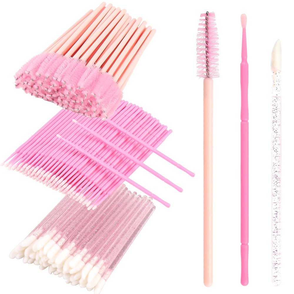 300 PCS Eyelash Extension Supplies Kit, Disposable Micro Swab Brush, Eyebrow Spoolie, Lip Brush, Mascara Wand Applicator (Light pink)