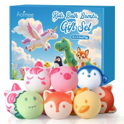 Aofmee Bath Bombs for Kids, 12 Pcs Kids Bath Bombs with Essential Oil, 6 Animal Shapes and Fruity Aroma, Natural Organic Spa Gift Set for Boys Girls, Birthday Christmas Halloween