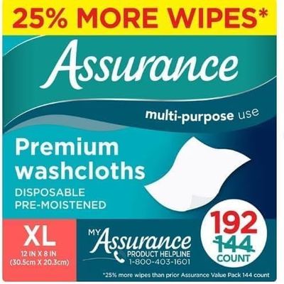 Assurance Premium Disposable Washcloths, XL 96 Count (Pack of 2). White, ASS-96-01