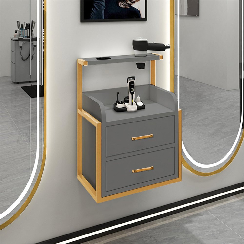 WSNCXFW Suspended Salon Wall Cabinet, Wall Mounted Styling Salon Station with 2 Storage Drawers & Hair Dryer Stand,Facial Salon Storage Barber Shop Beauty Spa Table,H